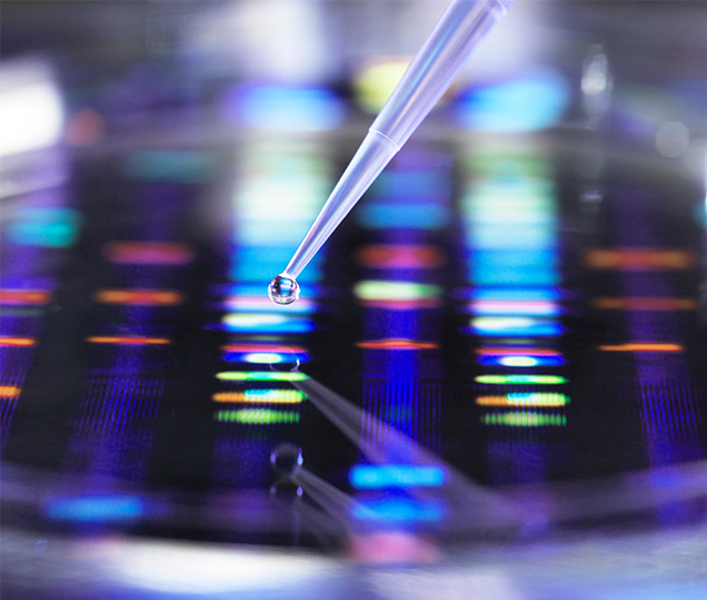 A close-up image of a pipette dropping a bead of liquid in a laboratory setting